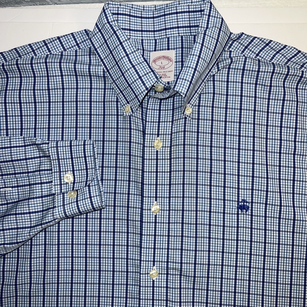 Brooks Brothers Size Large 346‎ All Cotton Blue Plaid The Original Polo